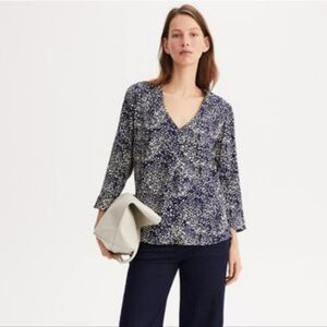 Joie Silk Navy Purple White Patterned Balloon Sleeve Blouse Size Large